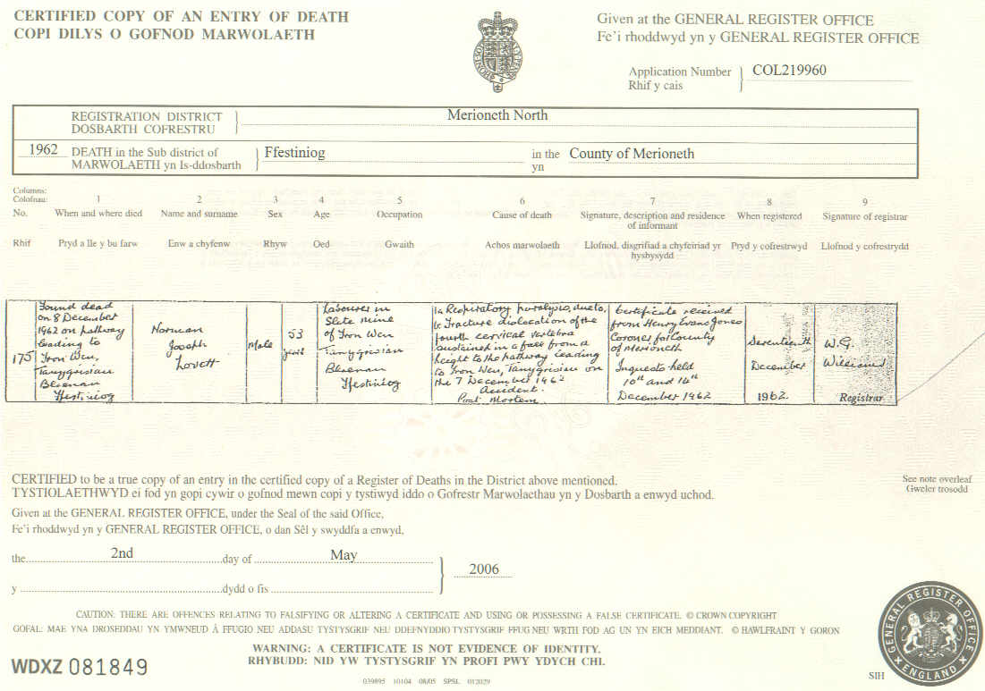 Norman Lovett's Death Certificate